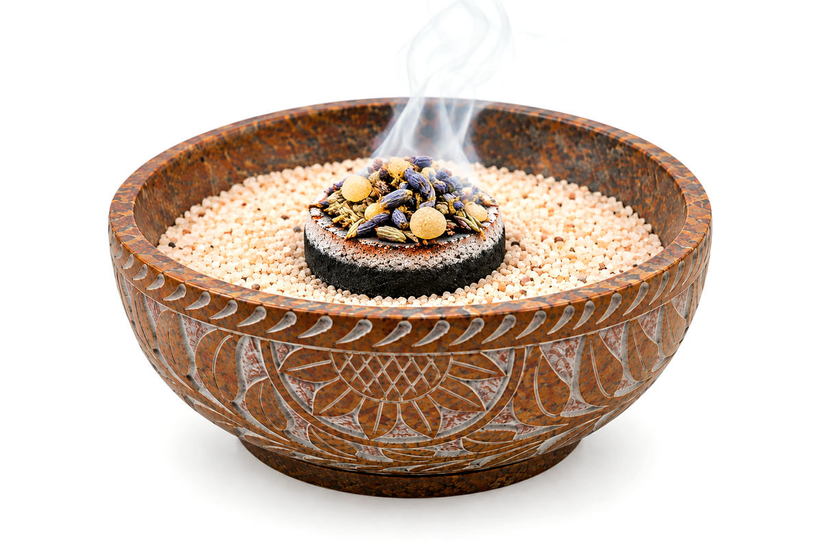 Räucherschale aus Speckstein – Orientalisches Design ockergelb